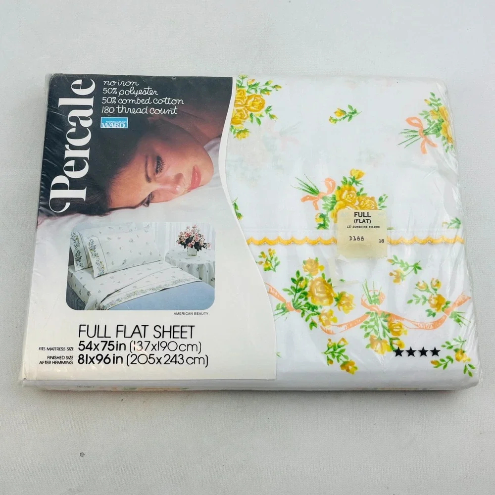 Vtg Montgomery Ward American‎ Beauty Full Sheet Set Sunshine Yellow Floral Roses